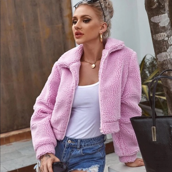 Teddy Coat Shearling Zip Up Collared Jacket Tan - Picture 7 of 7